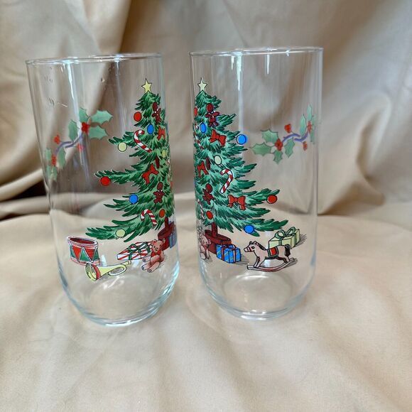 2 Vintage Luminarc Tumblers Noel Christmas Tree Drinking Glasses 6" - Picture 2 of 8